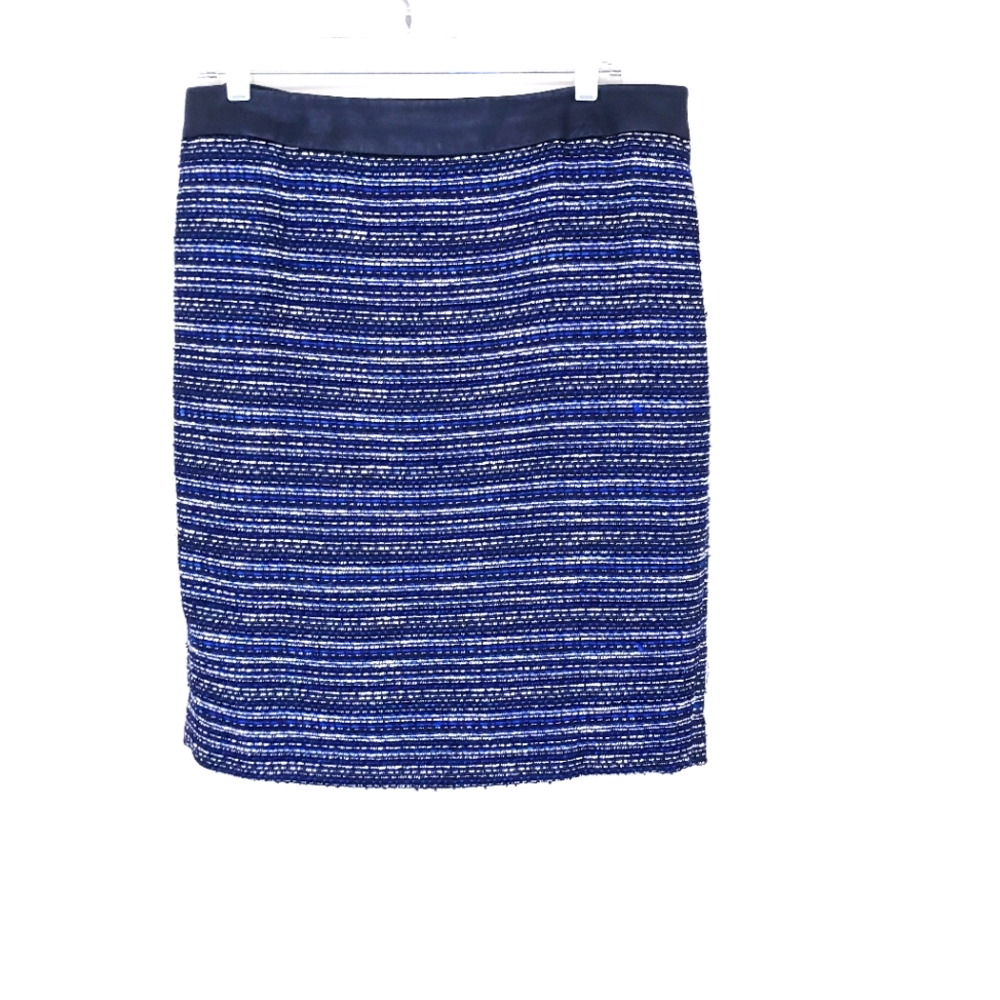The Limited Black Blue Tweed Pencil Mini Skirt Size 12 Leather Trim Waist